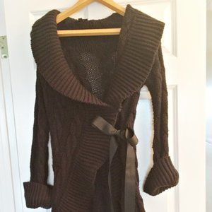 Bebe Womens Knit Sweater Coat Ruffle Tie Bow Vtg M